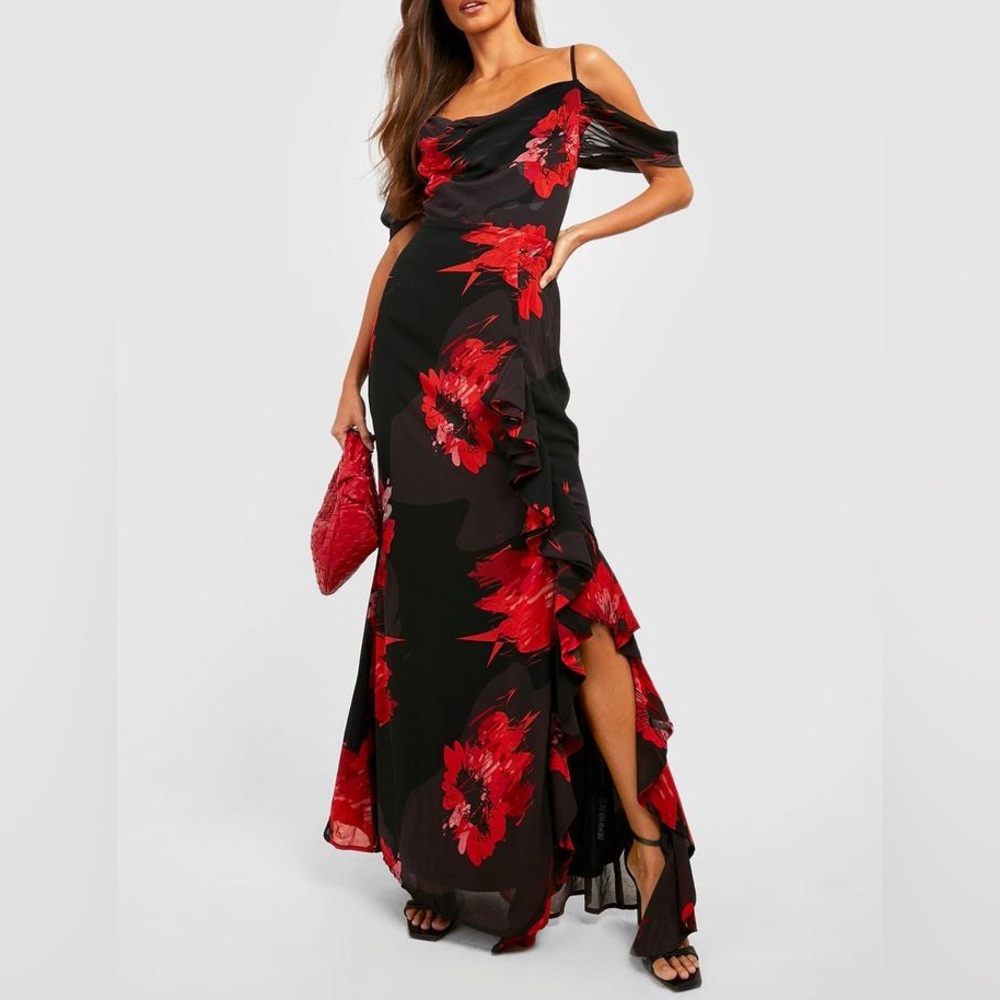 Boohoo Black and Red Floral Maxi Dress
